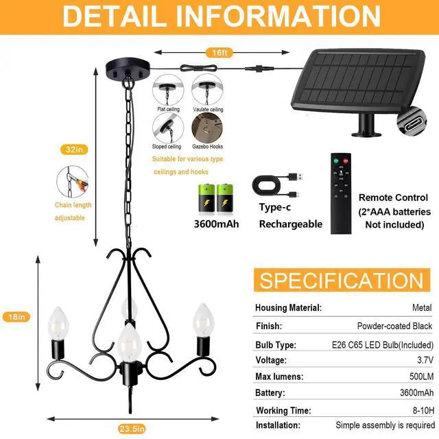 Alt view image 5 of 6 - Solar Chandelier Outdoor 4-Lights 23" Rustic Farmhouse Industrial Iron Chandeliers