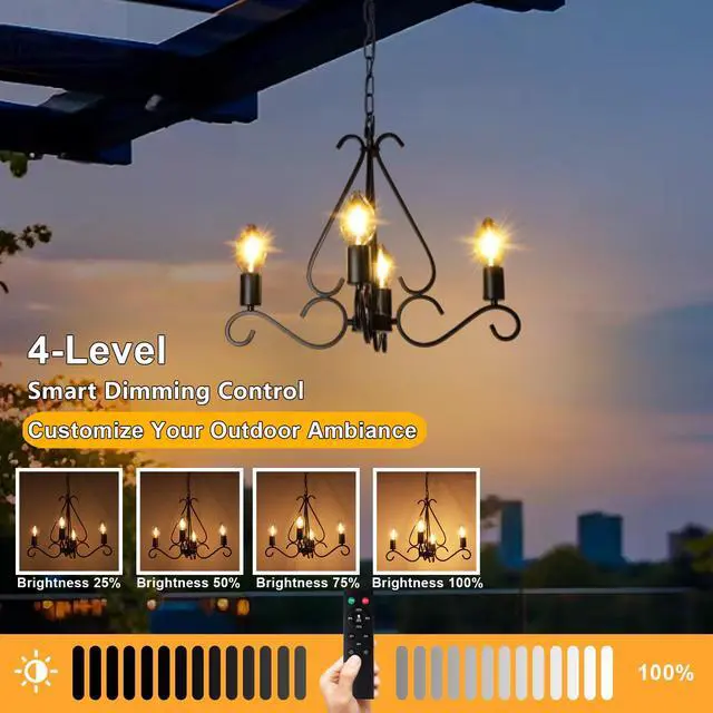 Alt view image 4 of 6 - Solar Chandelier Outdoor 4-Lights 23" Rustic Farmhouse Industrial Iron Chandeliers