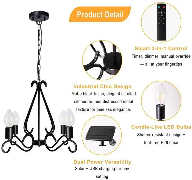 Alt view image 6 of 6 - Solar Chandelier Outdoor 4-Lights 23" Rustic Farmhouse Industrial Iron Chandeliers