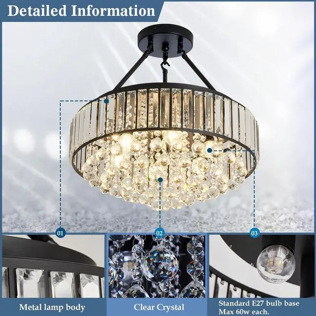 Alt view image 3 of 6 - 6-Lights Modern Crystal Chandelier Black Metal