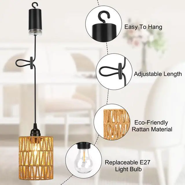 Alt view image 5 of 7 - Lightess Rattan Pendant Lights Battery Operated