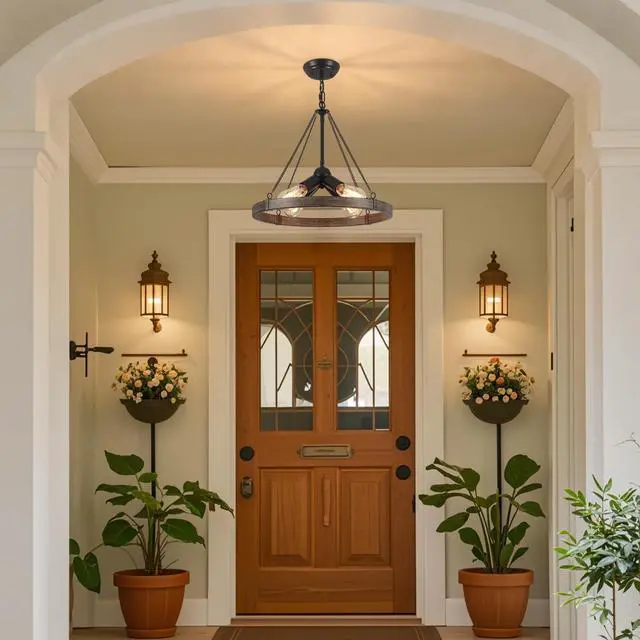 Alt view image 2 of 7 - 4-Light Farmhouse Black Rustic Round Dining Room Lights Ceiling