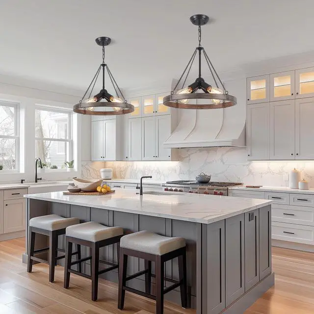 Alt view image 3 of 7 - 4-Light Farmhouse Black Rustic Round Dining Room Lights Ceiling