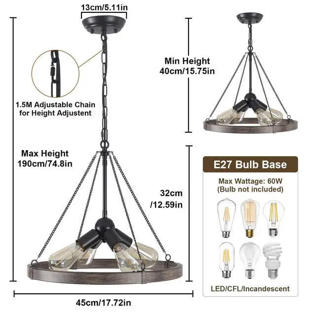 Alt view image 5 of 7 - 4-Light Farmhouse Black Rustic Round Dining Room Lights Ceiling
