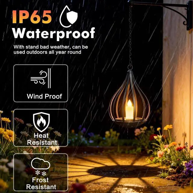 Alt view image 2 of 6 - 2 Pack Hanging Solar Lanterns with Realistic Flickering Flame