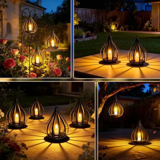 Alt view image 3 of 6 - 2 Pack Hanging Solar Lanterns with Realistic Flickering Flame