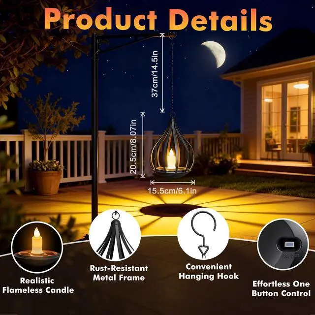 Alt view image 4 of 6 - 2 Pack Hanging Solar Lanterns with Realistic Flickering Flame