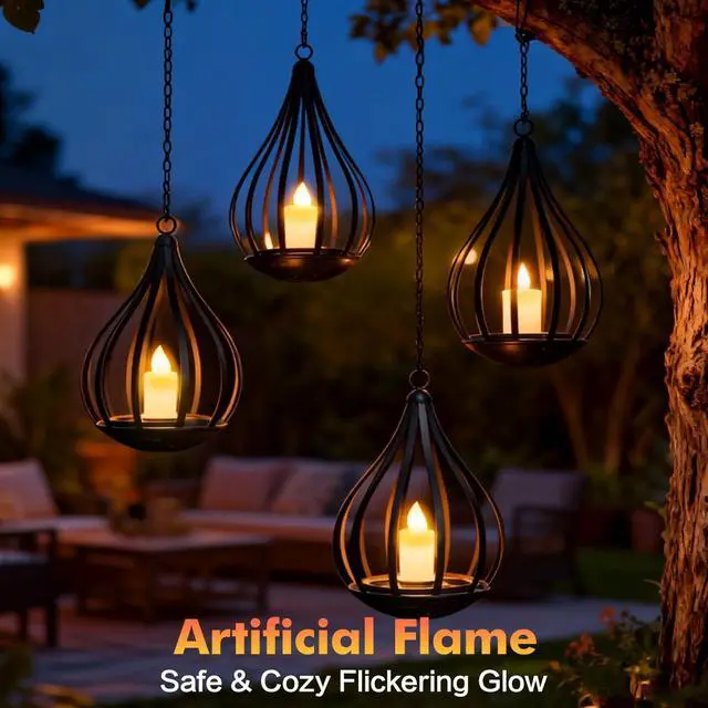 Alt view image 6 of 6 - 2 Pack Hanging Solar Lanterns with Realistic Flickering Flame
