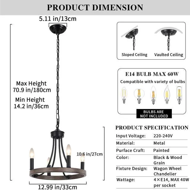 Alt view image 5 of 7 - Black Chandelier 4 Lights Chandeliers Ceiling Light