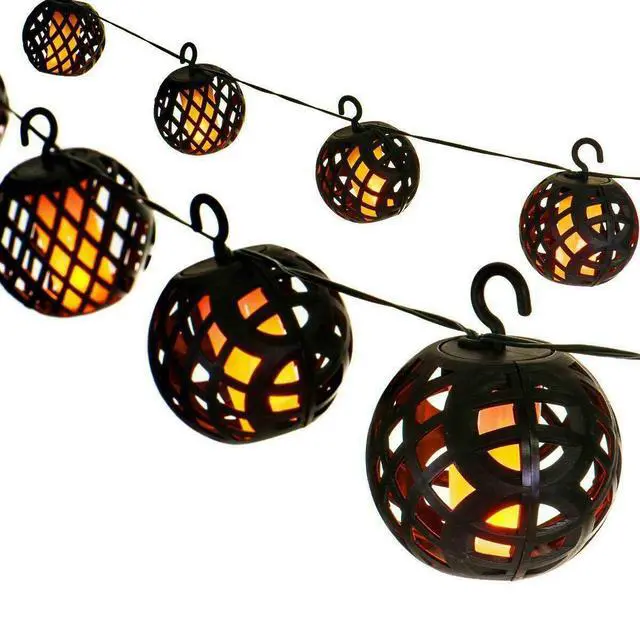 Alt view image 2 of 6 - 8pc Solar Ball Rattan Flame Effect LED String Hanging Lights