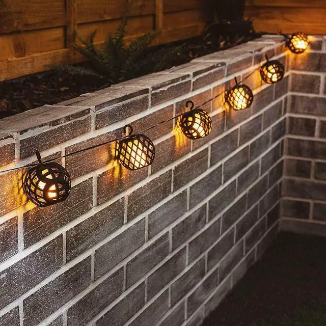 Alt view image 6 of 6 - 8pc Solar Ball Rattan Flame Effect LED String Hanging Lights