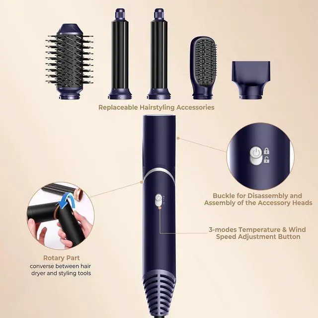 Alt view image 7 of 7 - 5 in 1 Air Styler Hair Dryer Brush with Rotatable Blow Dryer [60
