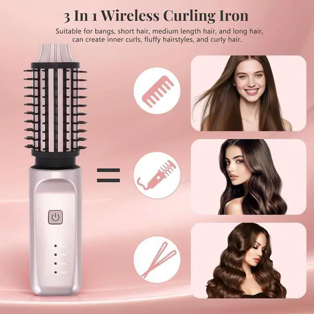 Alt view image 2 of 7 - Cordless Curling Brush 3-in-1 Wireless Hair Curler Straightening Brushes