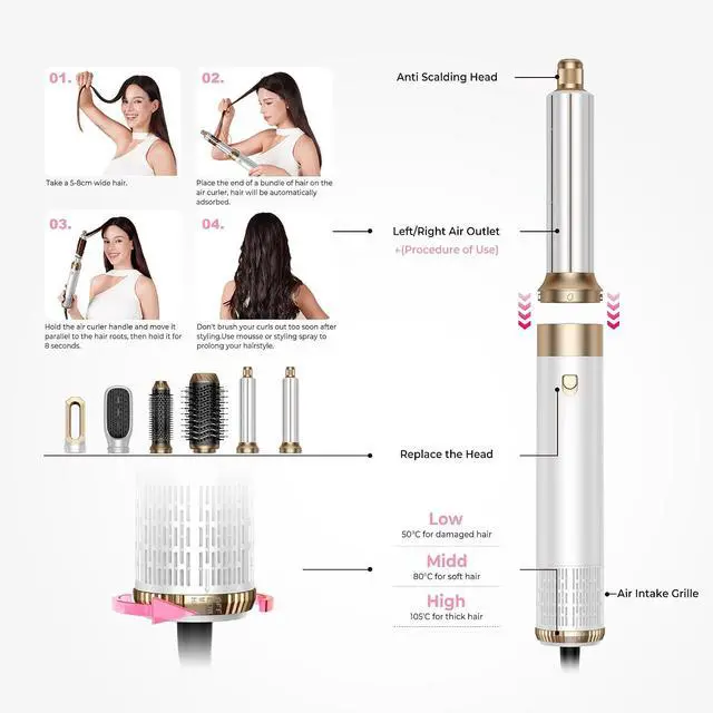 Alt view image 2 of 7 - Airbrush Pro Hair Styler 6 in 1 Air Styler with 1000W Hair Dryer