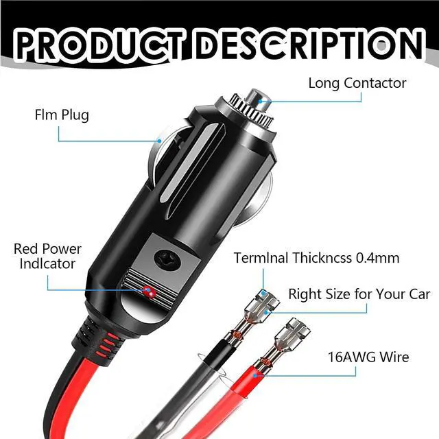 Alt view image 4 of 6 - 12V / 24V Car Cigarette Lighter Male Plug with Lead and Wiring 16 AWG