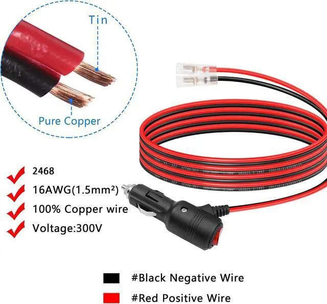 Alt view image 4 of 7 - 12volt Replacement Cigarette Lighter Male Plug with Leads & LED Light
