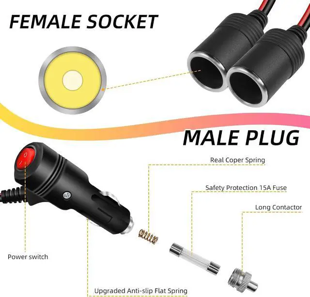 Alt view image 3 of 7 - 12V Car Cigarette Lighter Splitter Power Adapter Cable