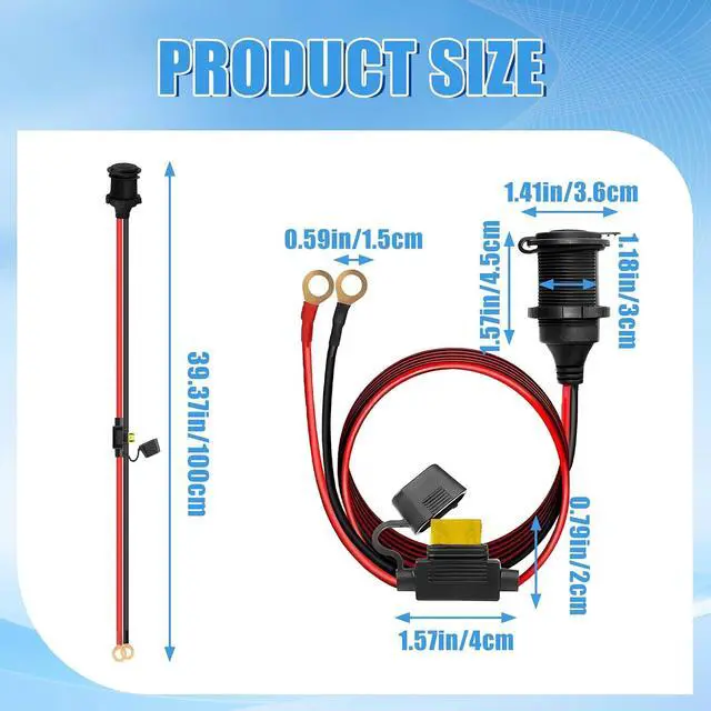 Alt view image 2 of 7 - 12V/24V Fixed Thread Car Cigarette Lighter Female Socket to O Ring Terminal Cord
