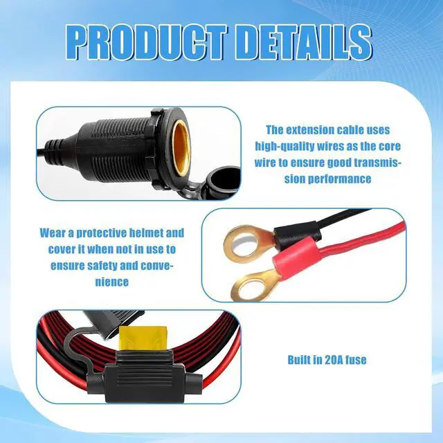 Alt view image 3 of 7 - 12V/24V Fixed Thread Car Cigarette Lighter Female Socket to O Ring Terminal Cord