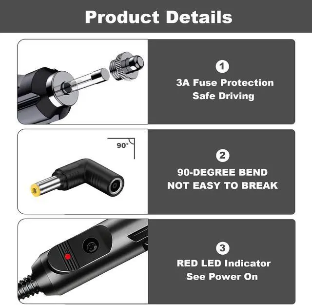 Alt view image 4 of 7 - DC 12V 3A Car Charger Power Cord