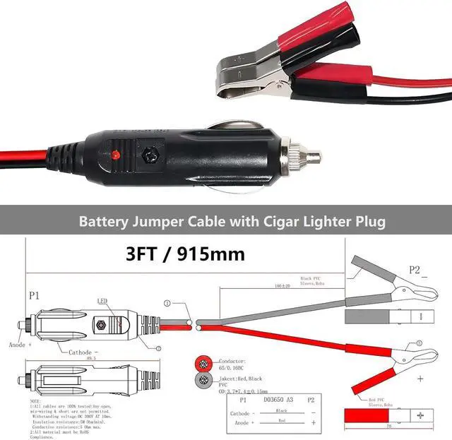 Alt view image 3 of 7 - 12Volt 3FT Automotive Sturdy Alligator Clamp Booster Jumper Battery Charge Cable