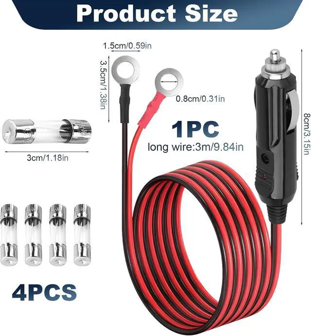 Alt view image 2 of 7 - 3M/10FT 16AWG Car Cigarette Lighter to O Ring Terminal Connector Cable