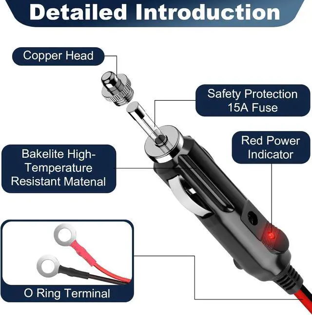 Alt view image 4 of 7 - 3M/10FT 16AWG Car Cigarette Lighter to O Ring Terminal Connector Cable