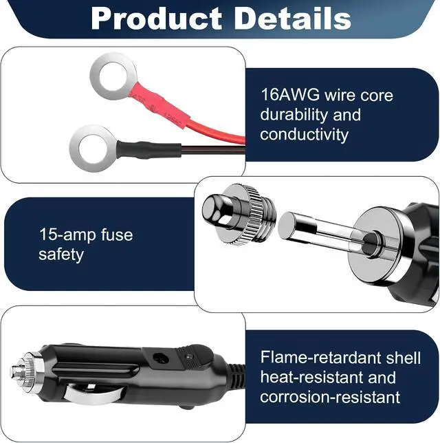 Alt view image 6 of 7 - 3M/10FT 16AWG Car Cigarette Lighter to O Ring Terminal Connector Cable