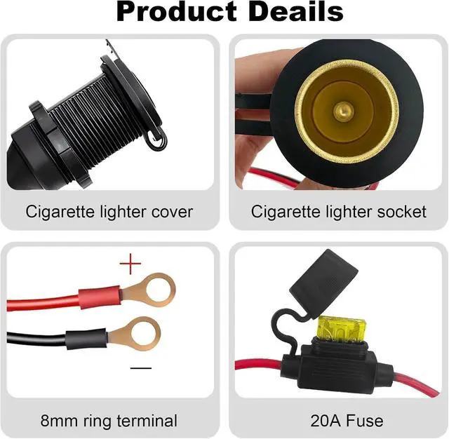 Alt view image 5 of 7 - 2PCS 12V Car Cigarette Lighter Female Socket to O Ring Terminal Cord
