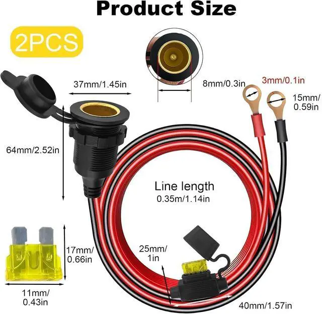 Alt view image 4 of 7 - 2PCS 12V Car Cigarette Lighter Female Socket to O Ring Terminal Cord