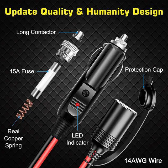 Alt view image 2 of 6 - 26FT/8m 14AWG Car Cigarette Lighter Socket Extension Cord Wire Cable with Male Plug