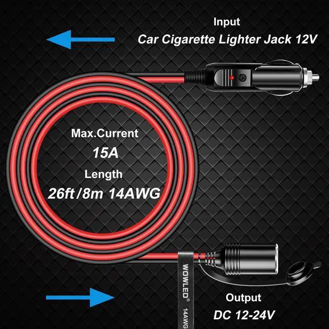 Alt view image 6 of 6 - 26FT/8m 14AWG Car Cigarette Lighter Socket Extension Cord Wire Cable with Male Plug
