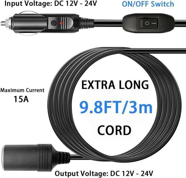 Alt view image 3 of 7 - Car Cigarette Lighter Extension Cable with ON/OFF Switch