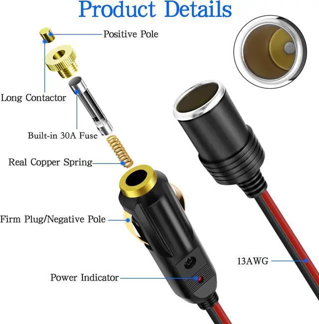 Alt view image 2 of 7 - Cigarette Lighter Extension Cord 14AWG 12V-24V Car Cigarette Lighter