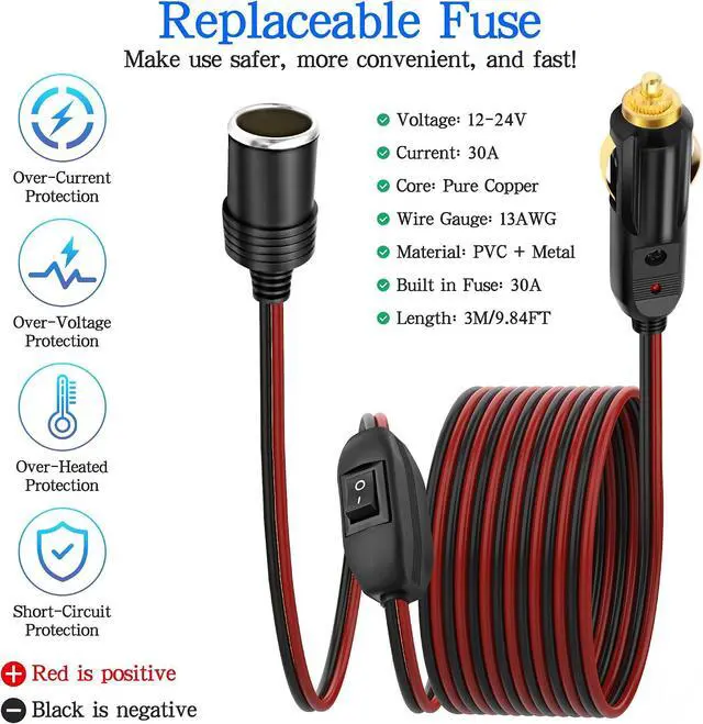 Alt view image 5 of 7 - Cigarette Lighter Extension Cord 14AWG 12V-24V Car Cigarette Lighter