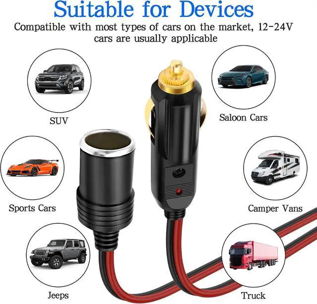 Alt view image 6 of 7 - Cigarette Lighter Extension Cord 14AWG 12V-24V Car Cigarette Lighter