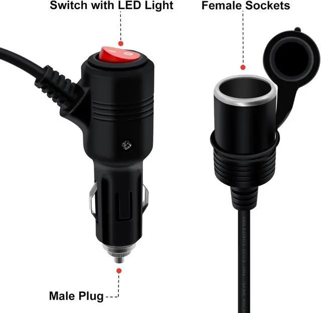 Alt view image 2 of 7 - Cigarette Lighter Extension with Switch 12V 24V Car Charger Extension Cable