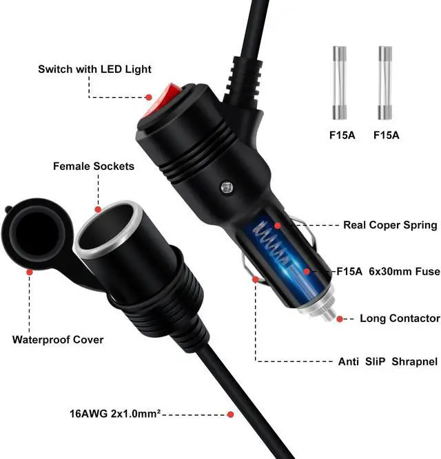 Alt view image 3 of 7 - Cigarette Lighter Extension with Switch 12V 24V Car Charger Extension Cable