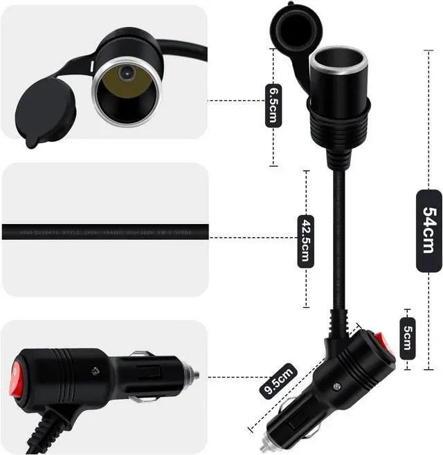 Alt view image 4 of 7 - Cigarette Lighter Extension with Switch 12V 24V Car Charger Extension Cable