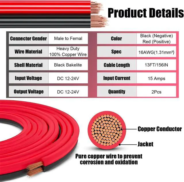 Alt view image 3 of 7 - 4.9FT 12V/24V Heavy Duty Cigarette Lighter Extension Cable 16AWG
