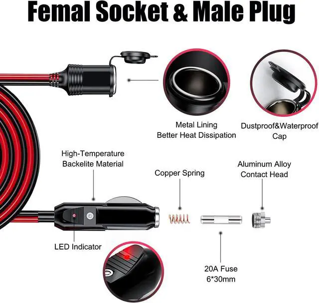 Alt view image 5 of 7 - 4.9FT 12V/24V Heavy Duty Cigarette Lighter Extension Cable 16AWG
