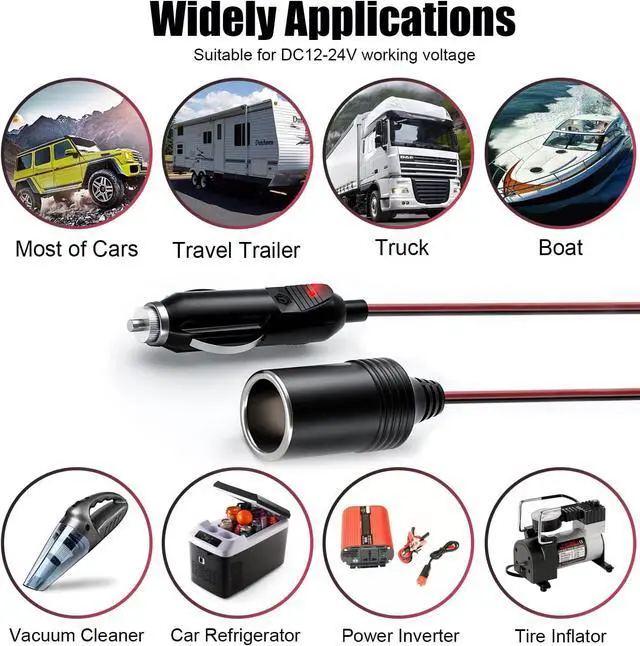 Alt view image 6 of 7 - 4.9FT 12V/24V Heavy Duty Cigarette Lighter Extension Cable 16AWG