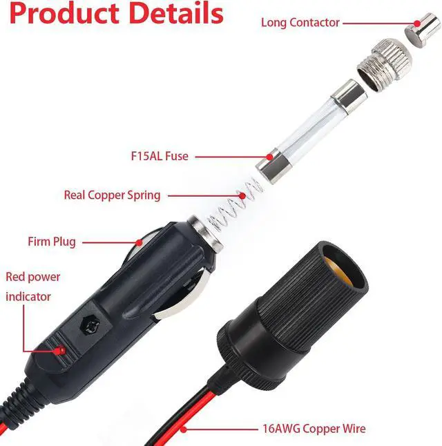 Alt view image 3 of 7 - 16FT/5M Car Cigarette Lighter Extension Cord