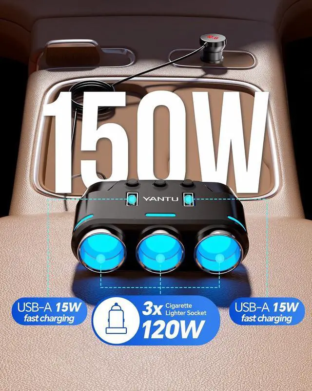 Alt view image 4 of 7 - 150W Car Cigarette Lighter Multi Socket