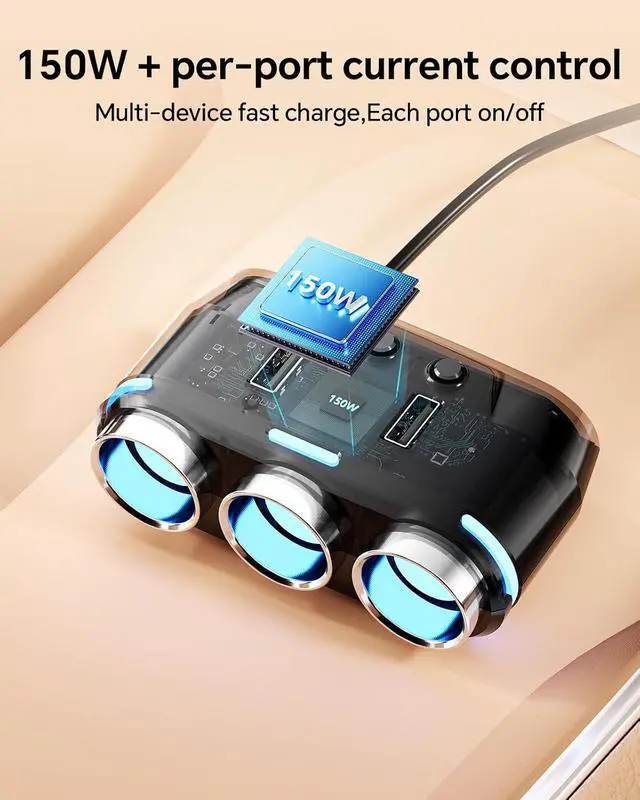 Alt view image 5 of 7 - 150W Car Cigarette Lighter Multi Socket