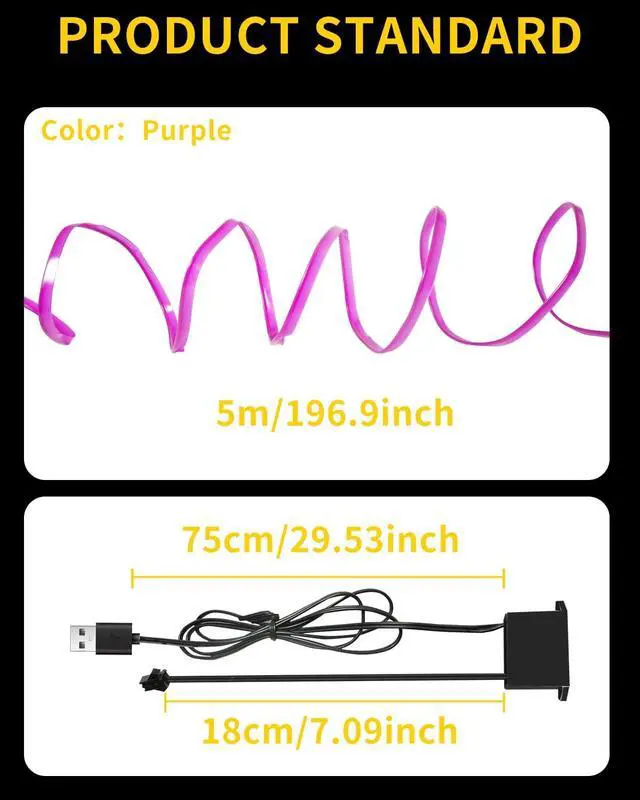 Alt view image 2 of 7 - El Wires Car Interior LED Strip Light 5m/16ft Neon Light