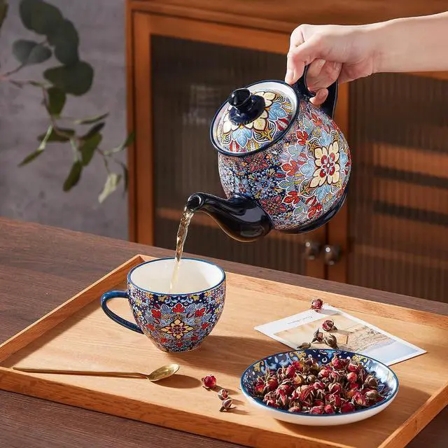 Alt view image 4 of 7 - 800ml Ceramic Teapot Bohemian Porcelain Tea Pot with Twilight Bloom Pattern