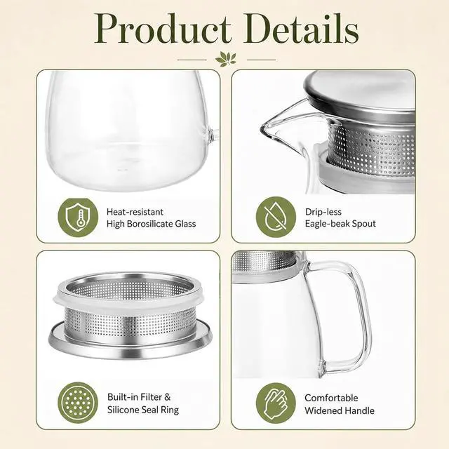 Alt view image 4 of 6 - One-Touch Glass Teapot 27 oz High Borosilicate Tea Pot