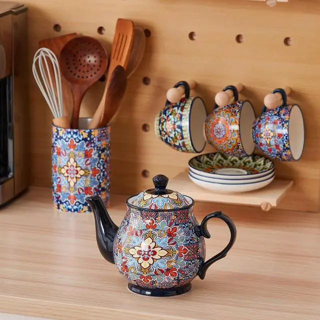 Alt view image 7 of 7 - 800ml Ceramic Teapot Bohemian Porcelain Tea Pot with Twilight Bloom Pattern