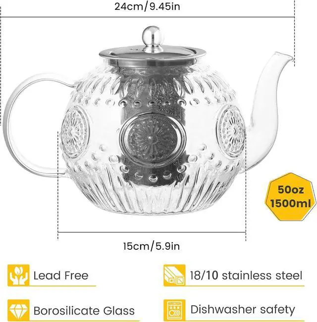 Alt view image 2 of 7 - Large 50OZ/1500ml Vintage Glass Teapot with Removable Infuser Stovetop Safe